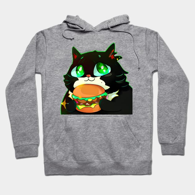 Black Fat cat with eating burger Hoodie by Meowsiful